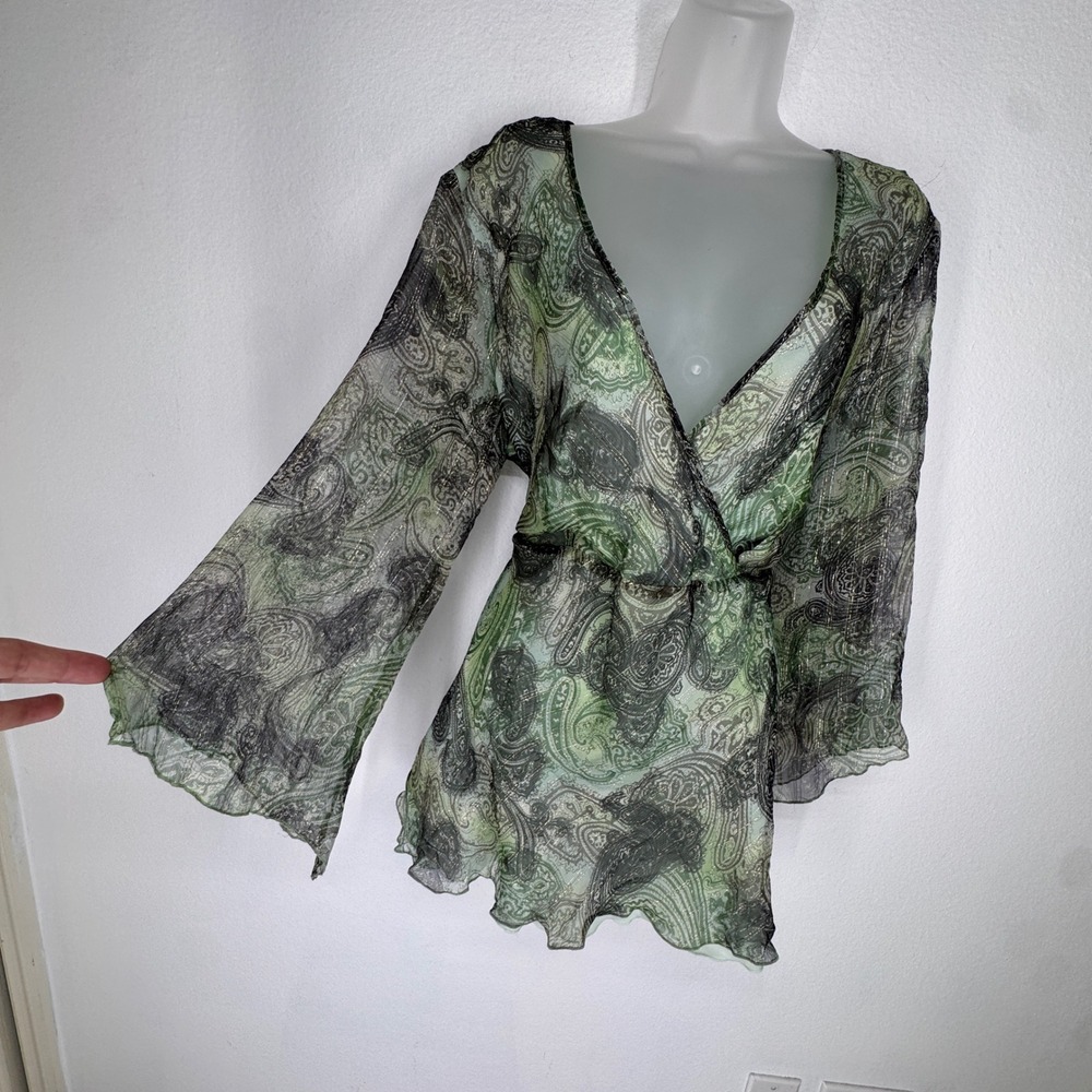 Vintage Silk Paisley Metallic Bell Sleeve Chiffon Top Fairy Size L Boho Ethereal